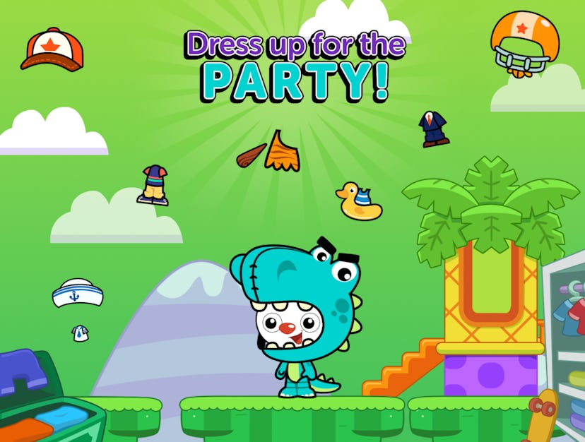 Promo image for PlayKids Party app featuring a character dressed in a dinosaur costume