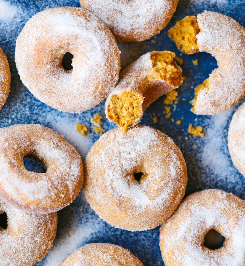Pumpkin cake doughnuts are great to bake when you're out of milk.