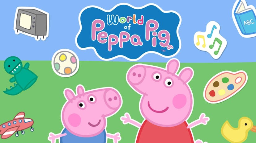 Promo Image for 'World of Peppa Pig' app featuring Peppa, George, and toys around them