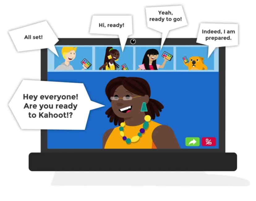 Cartoon image of laptop computer open with a group video chat with speech bubbles about preparation ...