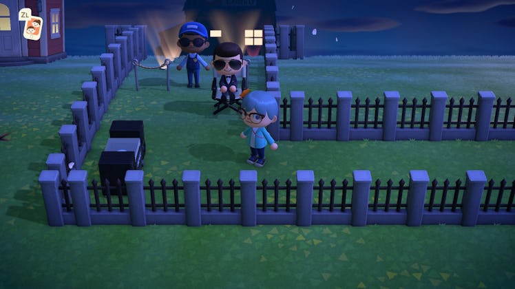 Animal Crossing characters walking between two fences