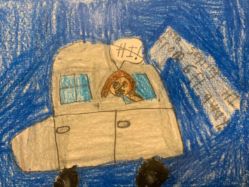 Child's drawing of a girl saying "Hi" from her car window.