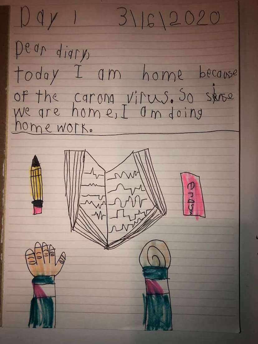 A child's drawing of hands reaching for a book, a pencil and an eraser below the words "Dear Diary, ...