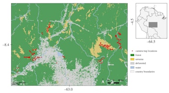 map showing range of short-eared dog in Amazon rainforest