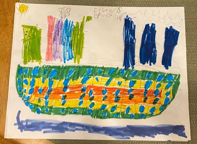 A child's drawing of a cruise ship on the water.