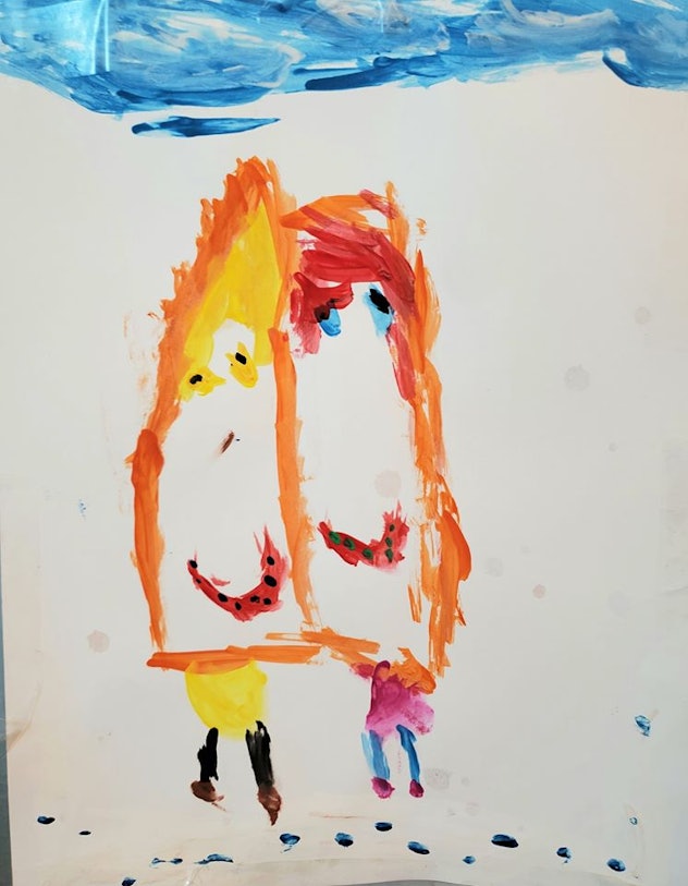 A child's drawing of two children.