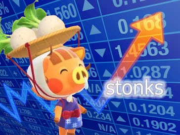 Collage of Daisy Mae from Animal Crossing and a table of stock market results