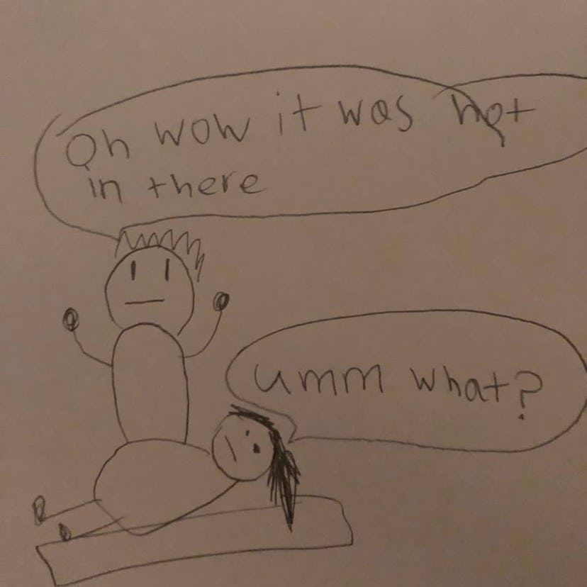 A child's drawing of a baby emerging from its mother's belly saying "Oh wow, it was hot in there" as...