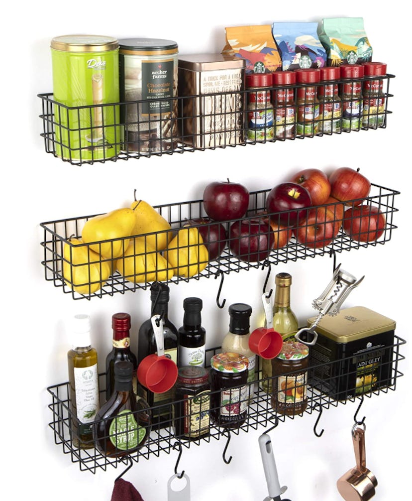 Use racks and hooks for pantry wall storage and organization.