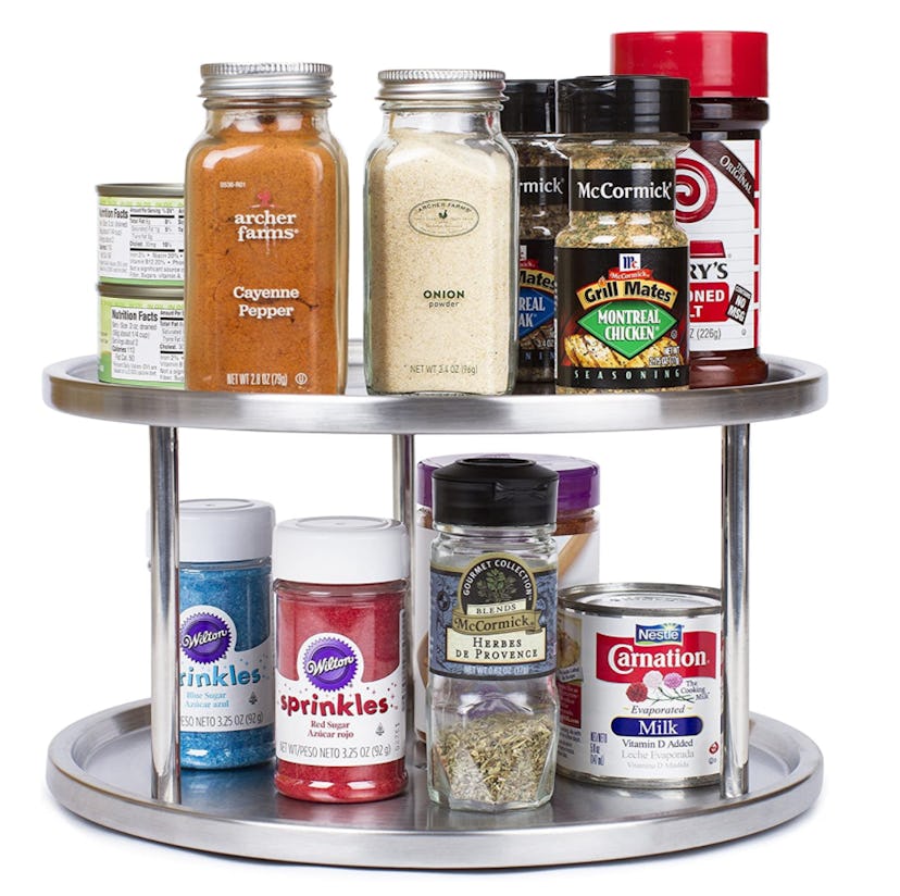 Organize spices with a lazy susan turntable in your pantry.