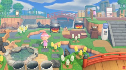 A screenshot from the game 'Animal Crossing: New Horizons' with a player having a party
