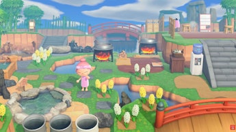 A screenshot from the game 'Animal Crossing: New Horizons' with a player having a party