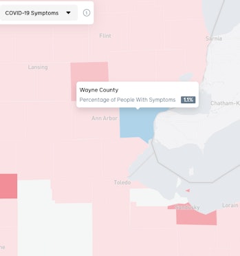 A close up on Michigan, a coronavirus hotspot, as seen on Facebook's map on April 20, 2020.