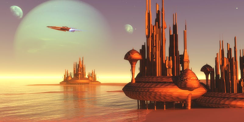 An illustration of a city on one of Neptune's moons with a rocket flying over