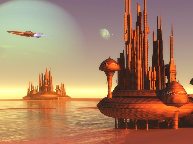 An illustration of a city on one of Neptune's moons with a rocket flying over