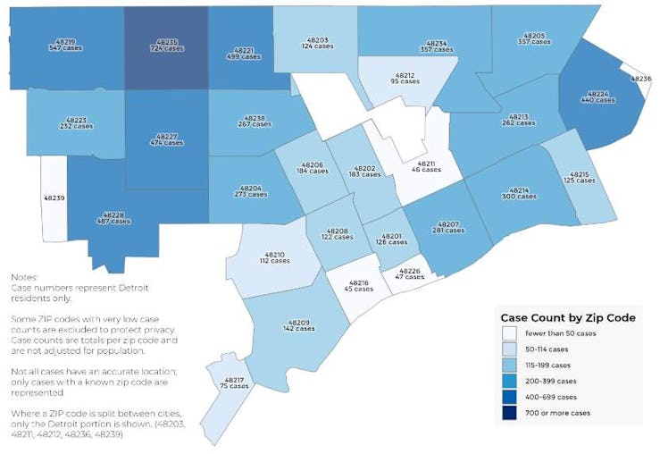 For comparison, a map put out by the Detroit Health Department examining the region by zip code. 