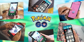 A collage of various people holding their phones with the Pokemon Go app open during remote raids