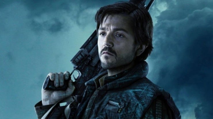 Diego Luna as Andor holding a gun in the series 'The Mandalorian'