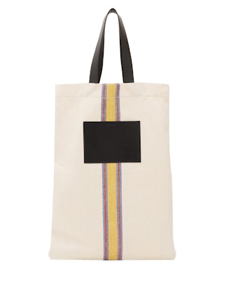 Jil Sander Striped Linen-Canvas and Leeather Tote Bag