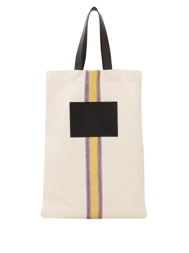 Jil Sander Striped Linen-Canvas and Leeather Tote Bag