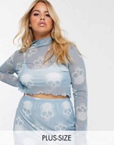 Rokoko Plus Long Sleeve Mesh Crop Top In All Over Skull Graphic Two-Piece