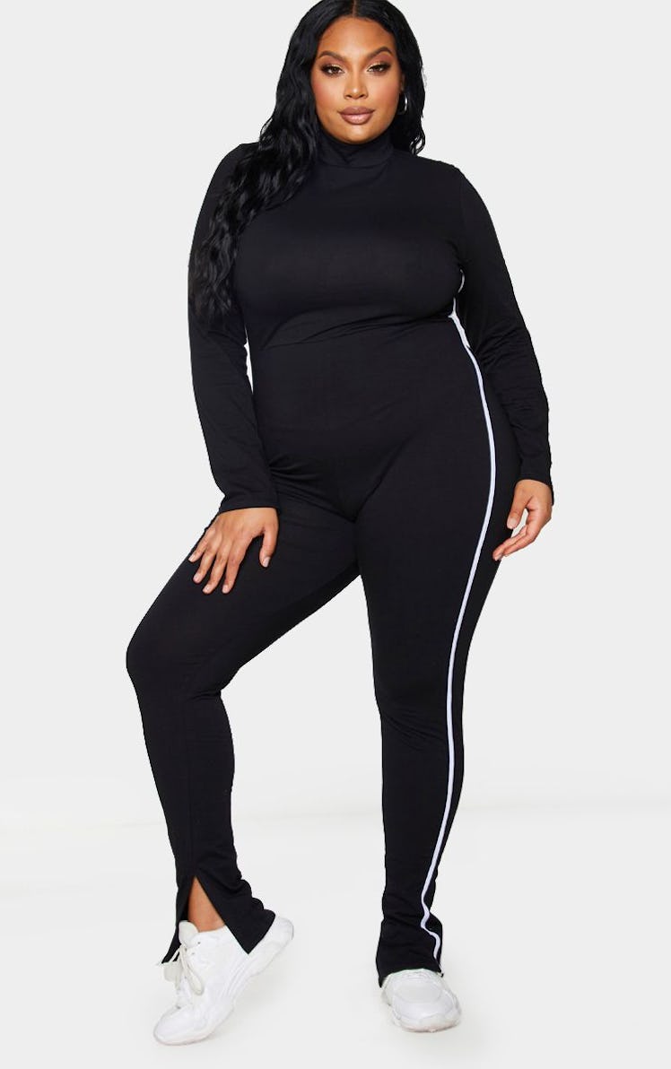 PrettyLittleThing Plus Black Sports Stripe High Neck Jumpsuit