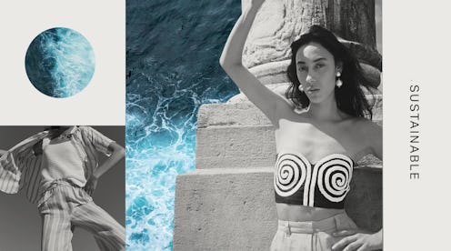 Collage of a planet and two models wearing sustainable clothes