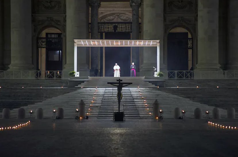 Pope Francis presides over Good Friday service at an empty St. Peter’s Square during the coronavirus...