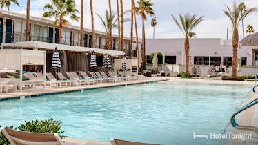 A hotel pool in Scottsdale, Arizona is surrounded by palm trees and adorable lounge chairs.