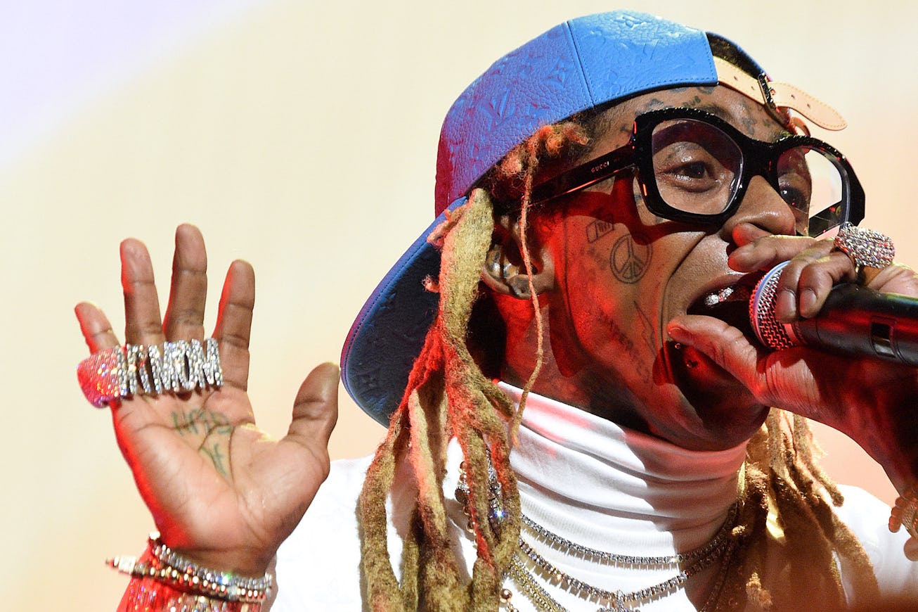 Lil Wayne performs during the 69th NBA All-Star Game at United Center on February 16, 2020 in Chica...