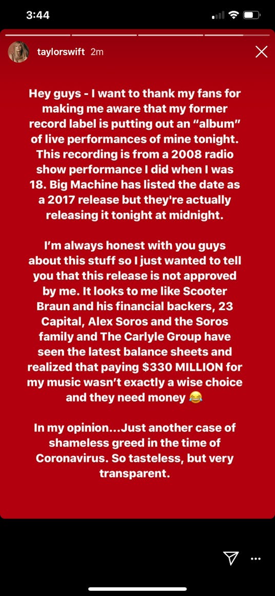 Taylor Swift slams Big Machine Records in a scathing Instagram story.