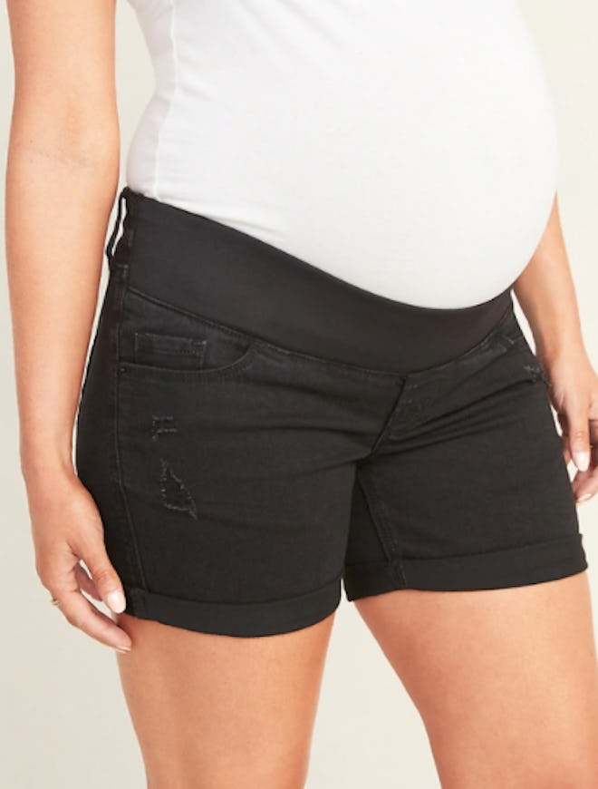 Maternity Front-Low Panel Distressed Boyfriend Jean Shorts - 5-Inch Inseam