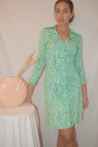 Vintage 1970s DVF Green Twig Print Knit Dress