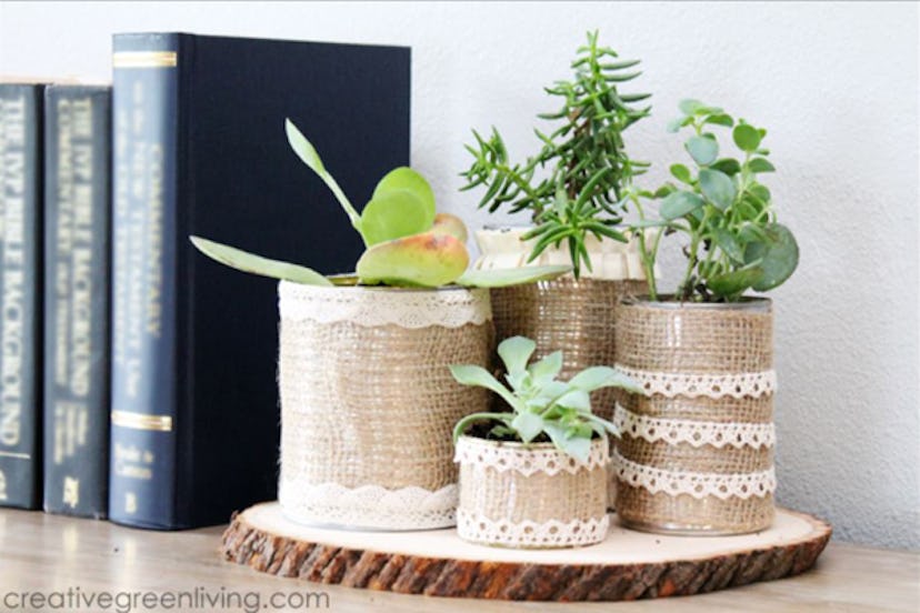 burlap-covered succulent containers is an easy mother's day craft kids can make