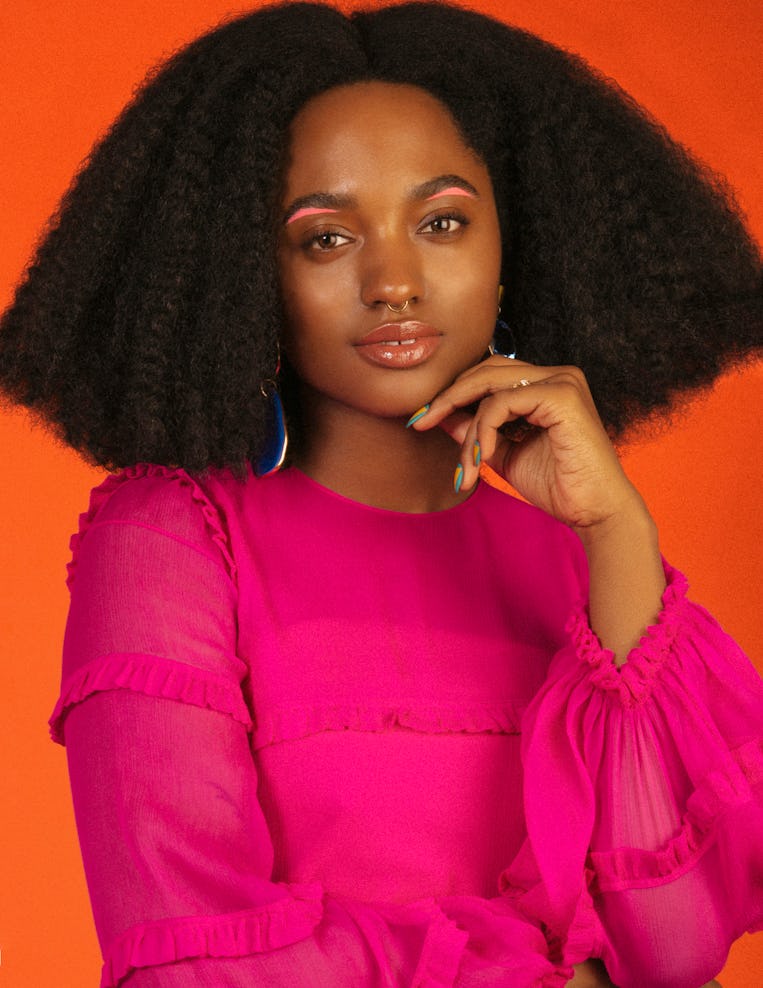 Female model Gabrielle Richardson wearing a pink shirt featured in NYLON's February 2018 cover story