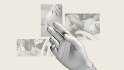 A collage with women getting cervical exams during labor slightly blurred and a hand wearing a rubbe...