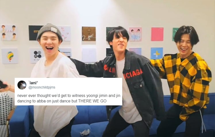 A screenshot from the videos of BTS' Jimin, Suga, and Jin playing Just Dance.