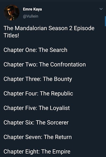 Mandalorian Season 2 Spoilers Episode Titles Leak Teases Ahsoka S Return