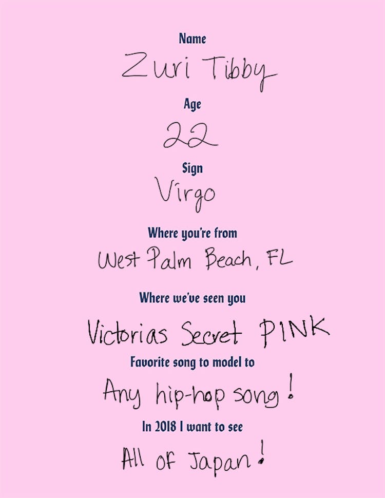 Pink poster that shows the main information about Zuri Tibby in a cursive black font