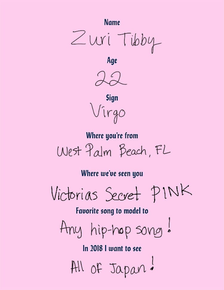 Pink poster that shows the main information about Zuri Tibby in a cursive black font