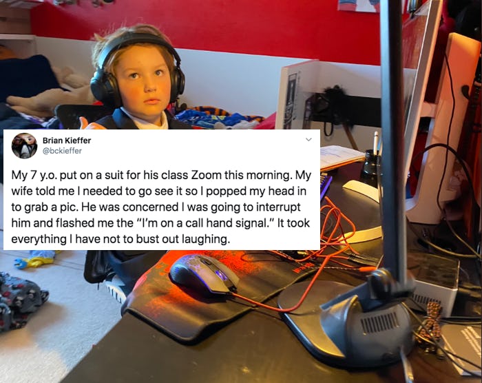 A young boy has charmed Twitter by wearing a suit for his Zoom class. 