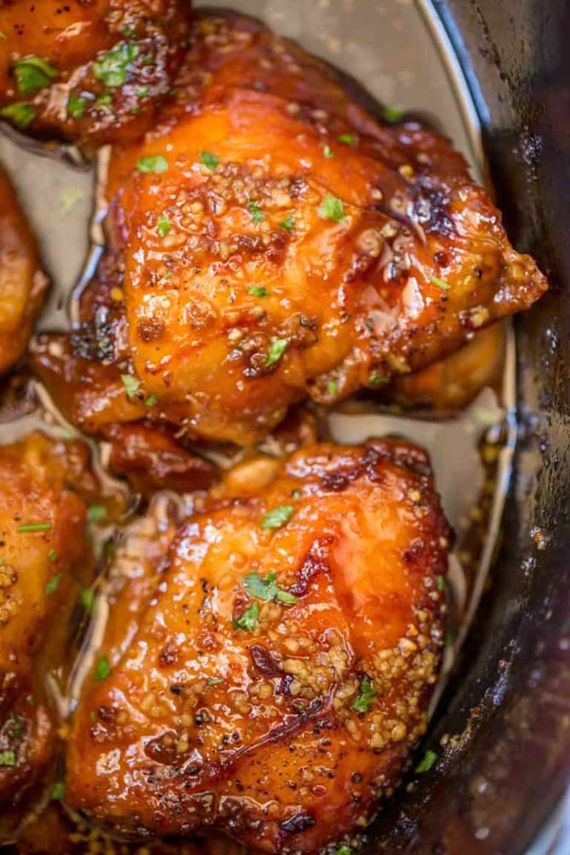 Close up image of slow cooker chicken with brown sugar glaze