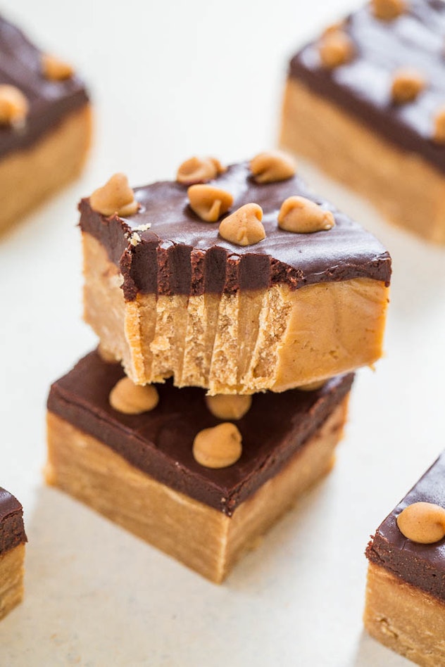 A layered bar of peanut butter and chocolate.