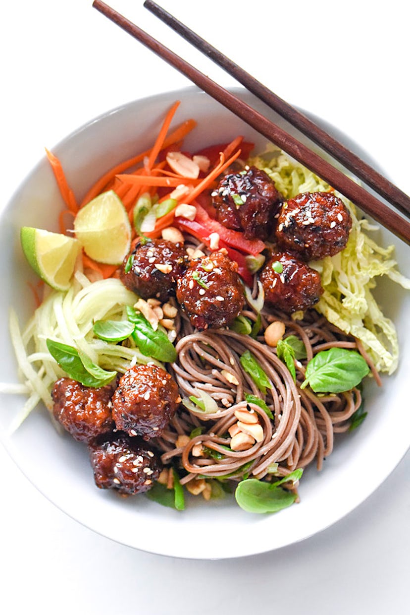 Soba noodles and Sriracha meatballs are the perfect dinner.