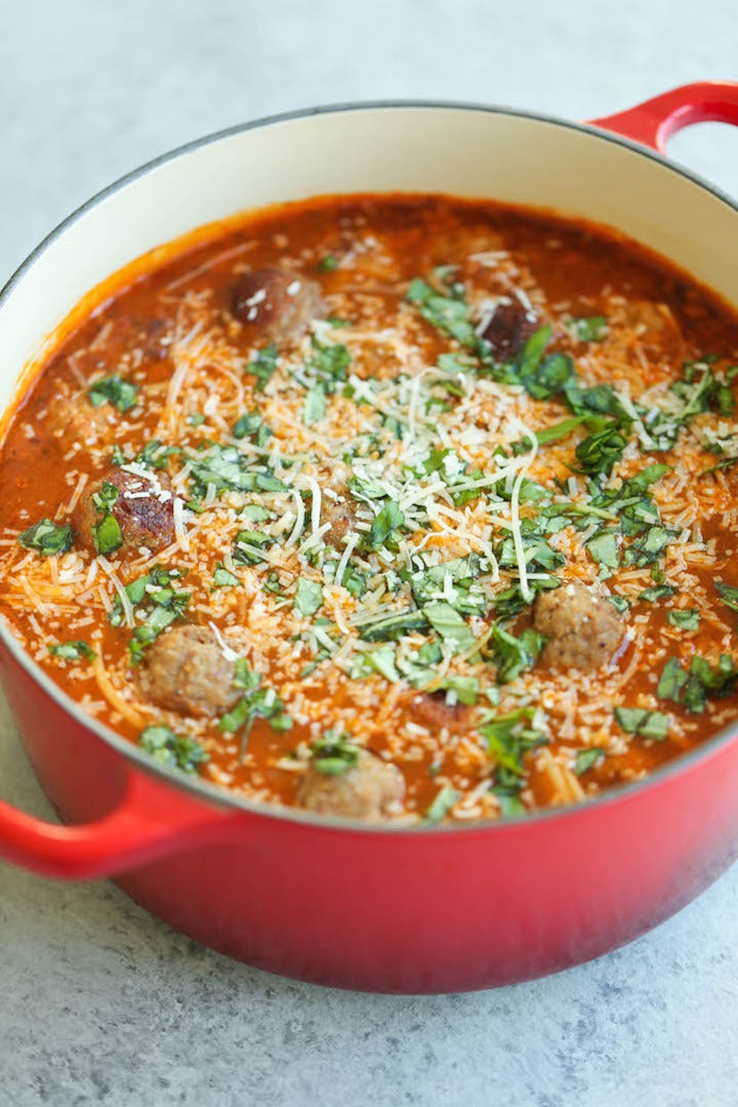 Spaghetti and meatball soup uses up frozen meatballs, too.