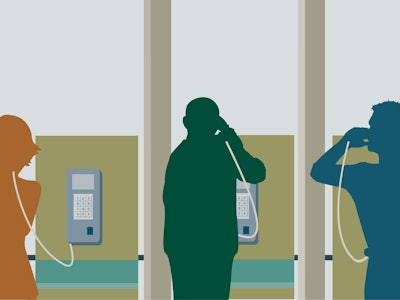 An illustration of three people in standalone closet phone booths talking