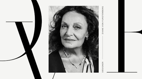 A black-white close-up portrait of Diane Von Furstenberg
