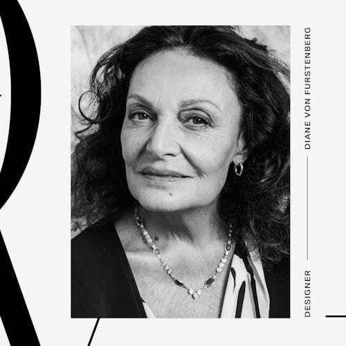 A black-white close-up portrait of Diane Von Furstenberg