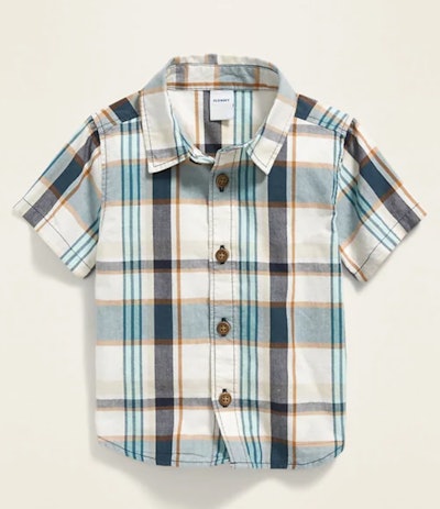 Printed Poplin Shirt for Baby Boy in White & Blue Plaid
