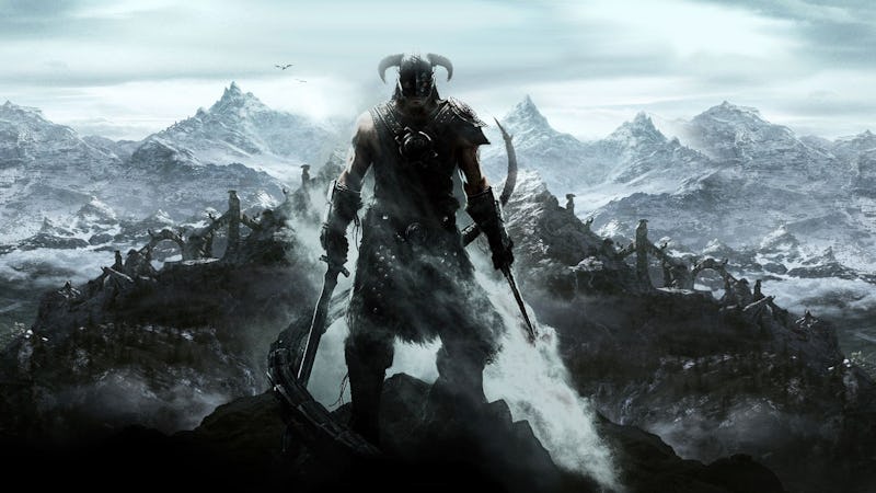 The dovahkiin from skyrim seen in front of a frozen landscape